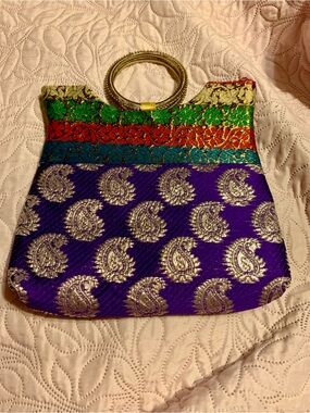 Vintage brocade clutch Indian Sari bag with metal ring bangle handles